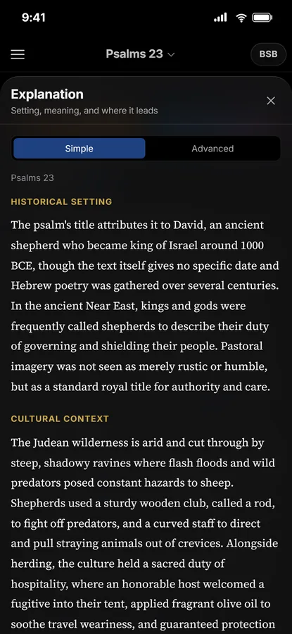 The Explanation panel for Psalm 23 on a phone