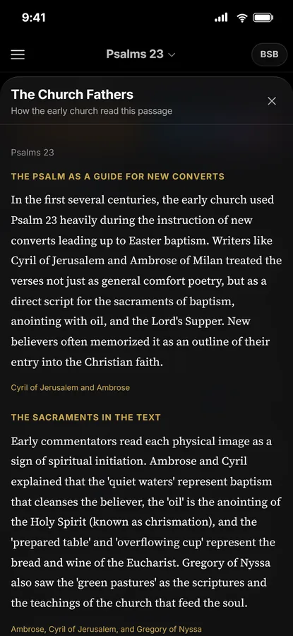 The Church Fathers panel on a phone