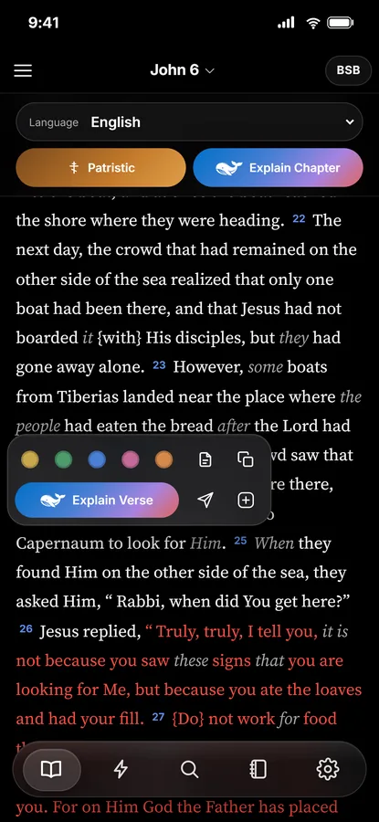 The verse popover on a phone: five highlight colours, a note, Explain Verse